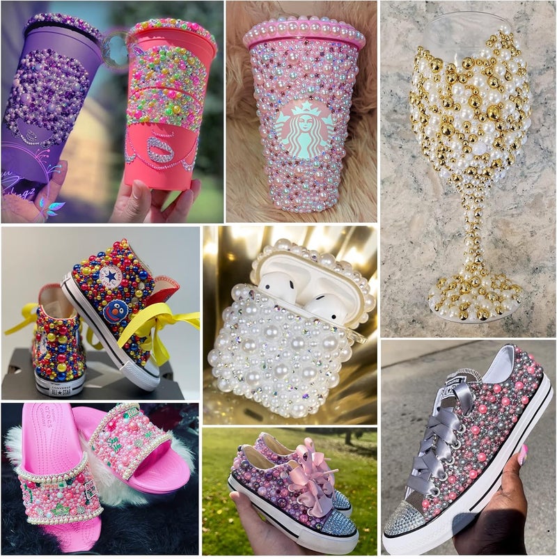 Towenm 60g Mix Flatback Pearls and Rhinestone, 2mm-10mm Mix Rhinestones and Pearls for Crafts Tumblers Shoes Nails Face Art, with Picker Pen, Black|Gold|Yellow - Image 5